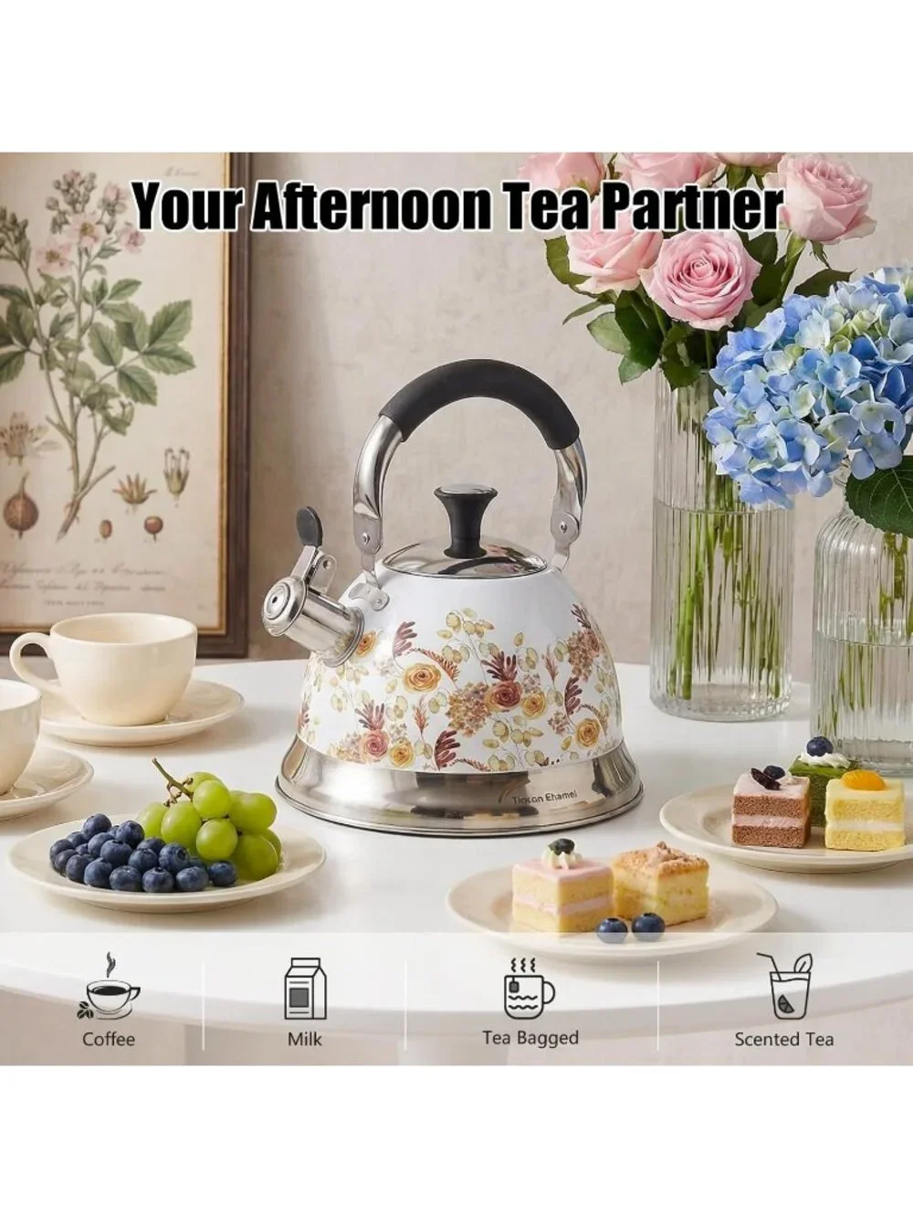 White Rose Flower 304 Stainless Steel Whistling Tea Kettle 3.1 Quart Stovetop